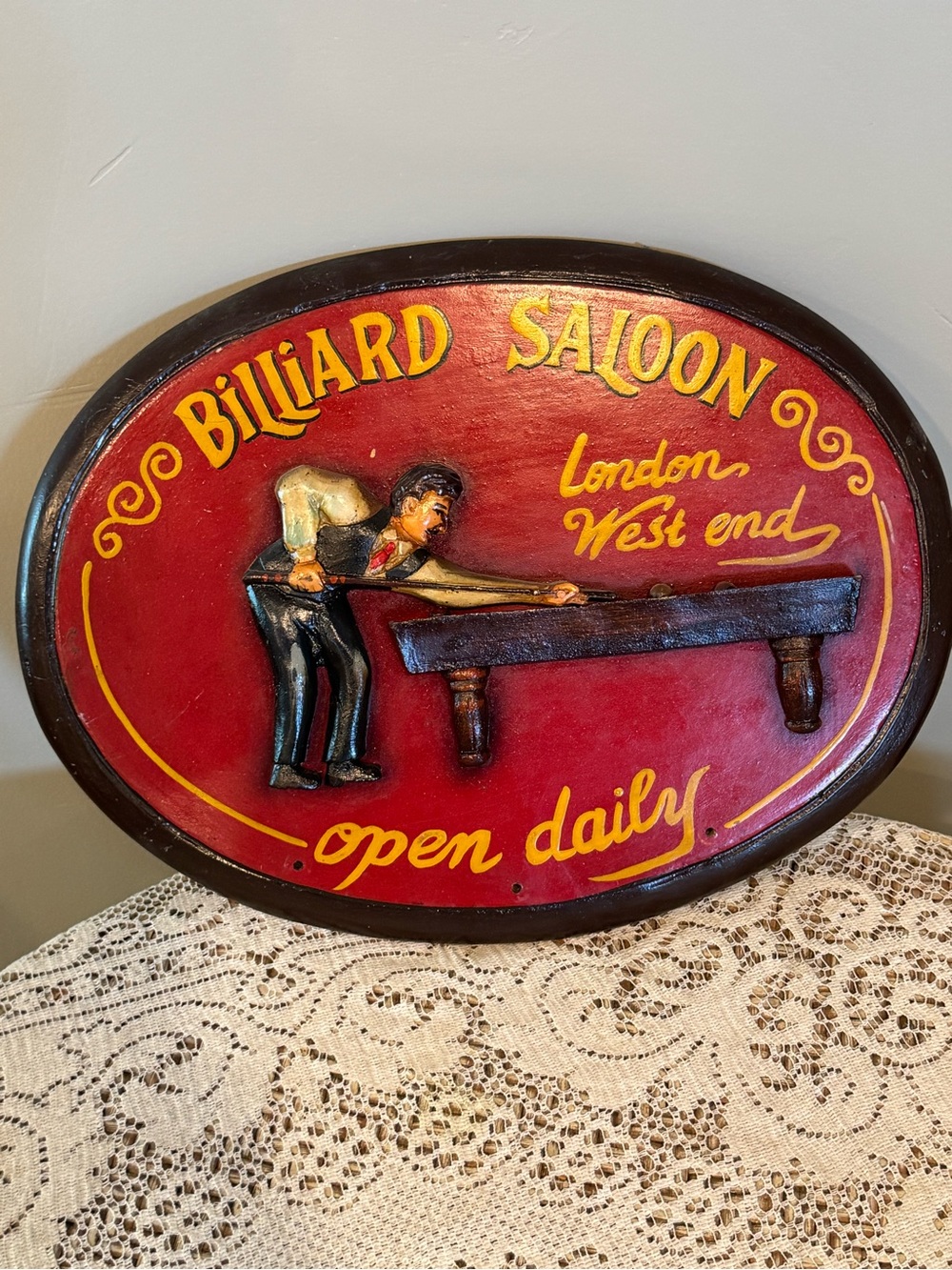 Billiard Saloon Wall Plaque - Red and Yellow Vintage Style